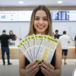 Mulher segurando bilhetes da Timemania em Lotérica