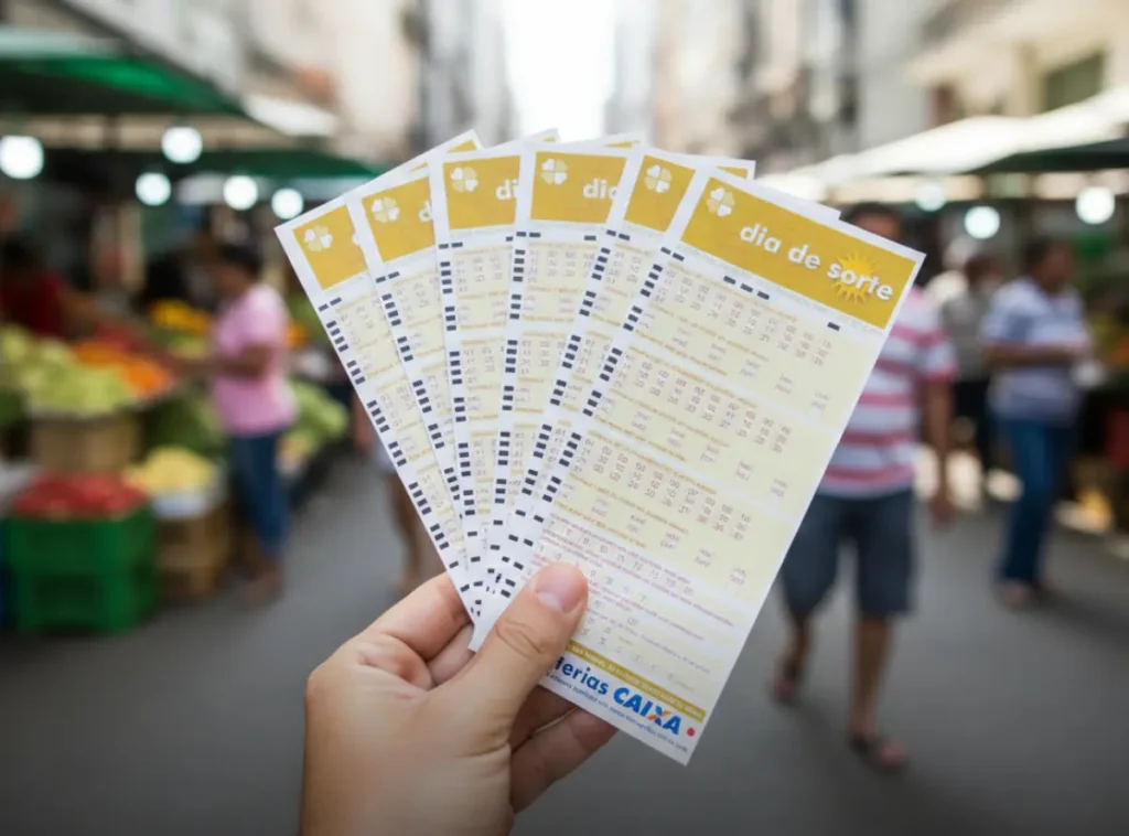 Bilhetes da Dia de Sorte sendo segurados em feira livre