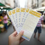 Bilhetes da Dia de Sorte sendo segurados em feira livre