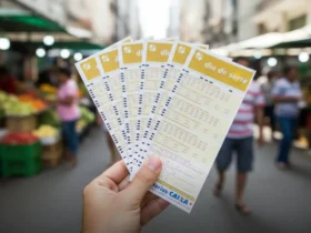 Bilhetes da Dia de Sorte sendo segurados em feira livre