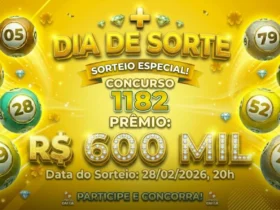 Banner promocional da loteria Dia de Sorte, concurso 1182, com prêmio de 600 mil reais. Fundo amarelo com bolas de sorteio.