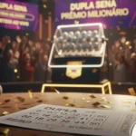 Arte ilustrativa de sorteio da dupla sena com bolas de sorteio enfileiradas ao centro do evento