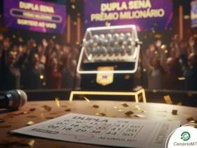 Arte ilustrativa de sorteio da dupla sena com bolas de sorteio enfileiradas ao centro do evento