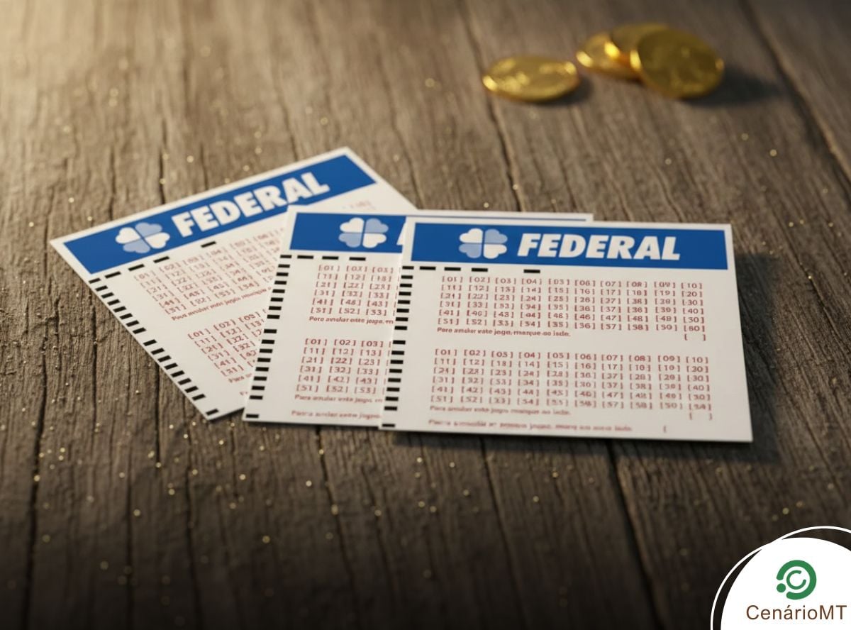 Bilhetes da Loteria Federal sobre superfície de madeira com moedas.