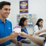 Foto em lotérica da Caixa com mulher comprando bilhetes da Lotofácil