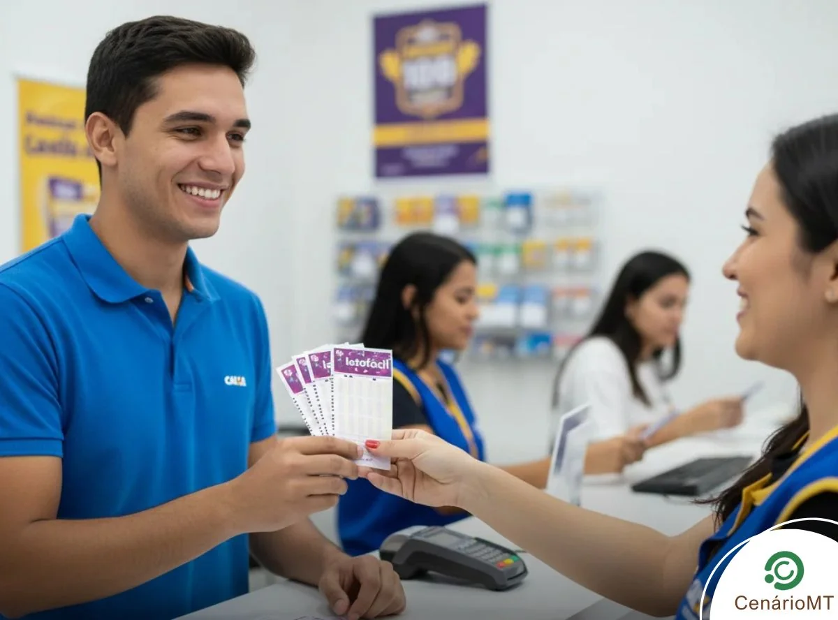 Foto em lotérica da Caixa com mulher comprando bilhetes da Lotofácil