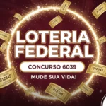 Arte da Loteria Federal em tons de dourado e marrom, com bilhetes voando e o número do concurso 6039.