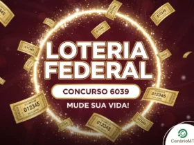 Arte da Loteria Federal em tons de dourado e marrom, com bilhetes voando e o número do concurso 6039.