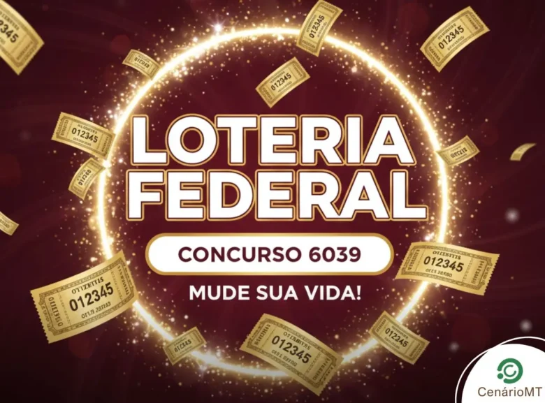 Arte da Loteria Federal em tons de dourado e marrom, com bilhetes voando e o número do concurso 6039.