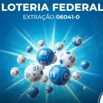 Resultado ilustrativo da Loteria Federal extração 06041-0 em fundo azul com bolas de sorteio.