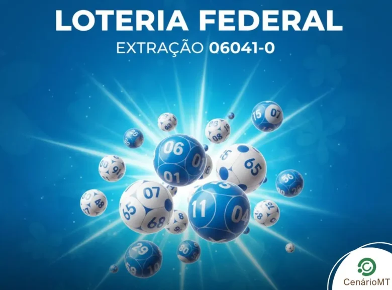 Resultado ilustrativo da Loteria Federal extração 06041-0 em fundo azul com bolas de sorteio.