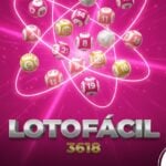 Bolas de loteria coloridas em uma órbita atômica sobre fundo rosa vibrante para a Lotofácil 3618.