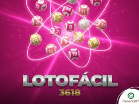 Bolas de loteria coloridas em uma órbita atômica sobre fundo rosa vibrante para a Lotofácil 3618.