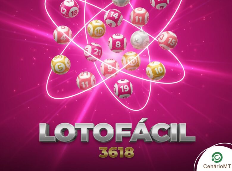 Bolas de loteria coloridas em uma órbita atômica sobre fundo rosa vibrante para a Lotofácil 3618.