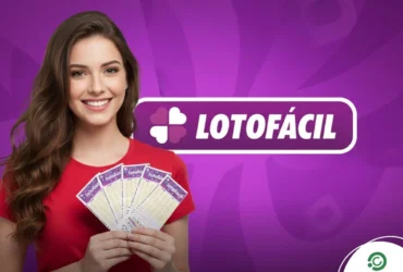 Lotofácil 3646 promete R$ 2 milhões: veja análises e palpites estratégicos para o sorteio desta quinta 3 Banner de marketing com mulher de vermelho segurando bilhetes da lotofácil com fundo rosa