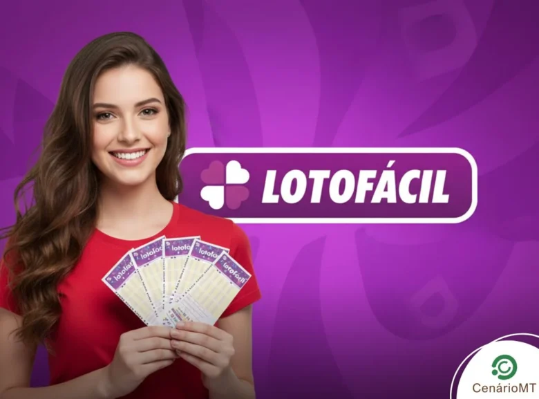 Lotofácil 3646 promete R$ 2 milhões: veja análises e palpites estratégicos para o sorteio desta quinta 1 Banner de marketing com mulher de vermelho segurando bilhetes da lotofácil com fundo rosa