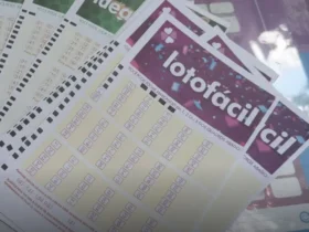 Vários volantes de apostas da Lotofácil da Caixa espalhados sobre uma mesa, mostrando os campos de números de 01 a 25.