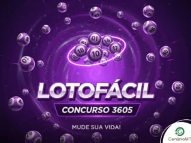 Fundo roxo com bolas de sorteio flutuantes e o texto "Lotofácil Concurso 3605".