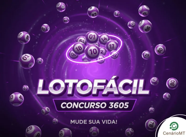 Fundo roxo com bolas de sorteio flutuantes e o texto "Lotofácil Concurso 3605".