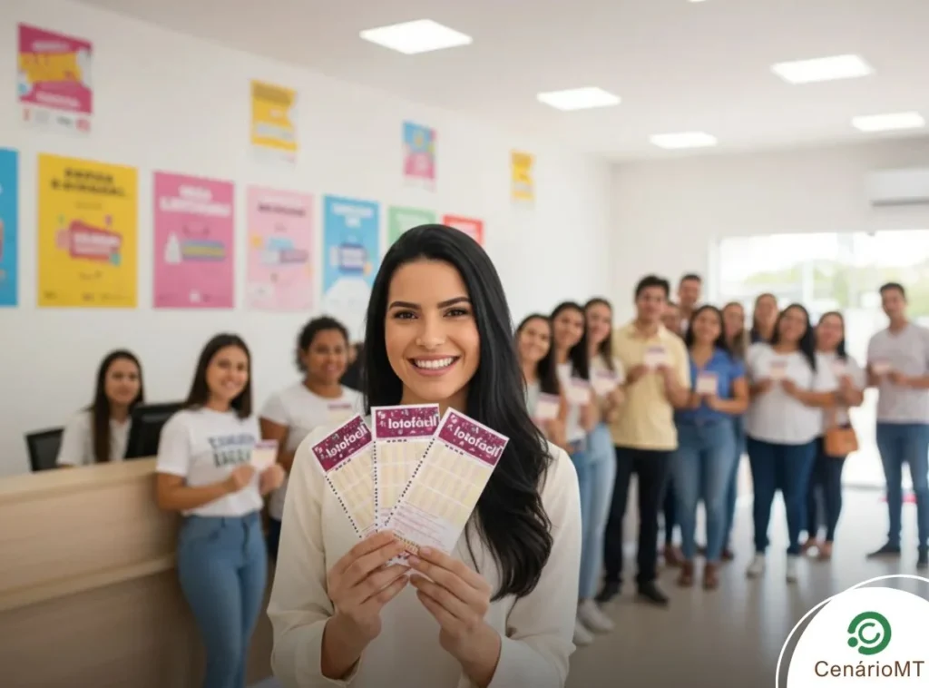 Dezenas da sorte: Confira palpites e dicas de jogos para a Lotofácil 3766 12 Mulher sorridente em primeiro plano segurando três bilhetes da Lotofácil em uma casa lotérica com várias pessoas ao fundo.