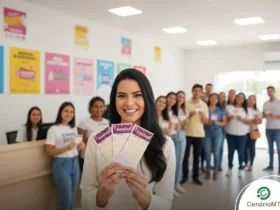 Mulher sorridente em primeiro plano segurando três bilhetes da Lotofácil em uma casa lotérica com várias pessoas ao fundo.