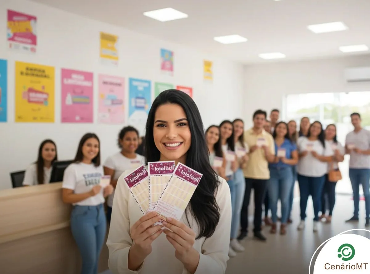 Mulher sorridente em primeiro plano segurando três bilhetes da Lotofácil em uma casa lotérica com várias pessoas ao fundo.