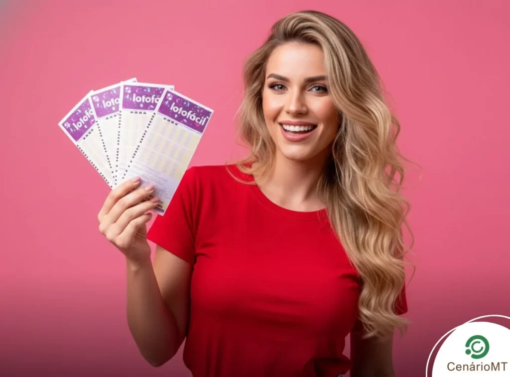 Palpites Lotofácil 3770: Confira dicas e sugestões de jogos para o prêmio de R$ 12 milhões 11 Mulher segurando bilhetes da Lotofácil com fundo rosa