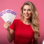 Mulher segurando bilhetes da Lotofácil com fundo rosa