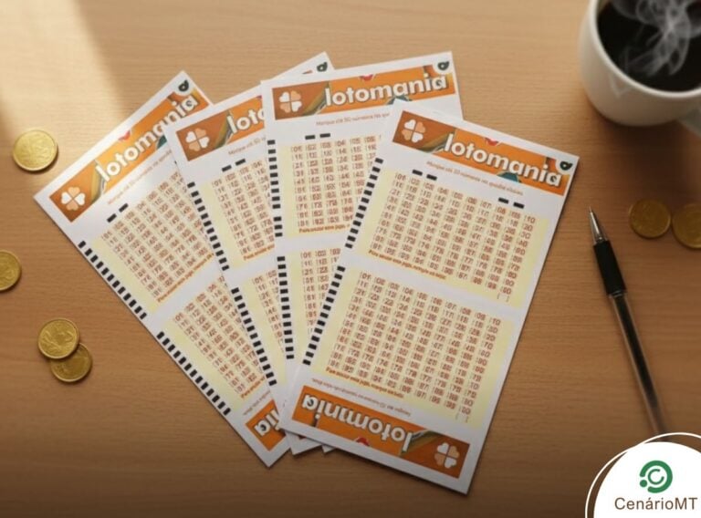Bilhetes da Lotomania com moedas e caneta ao lado.