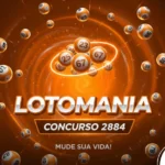 Arte da Lotomania com fundo laranja vibrante, bolas de sorteio numeradas e destaque para o concurso 2884.