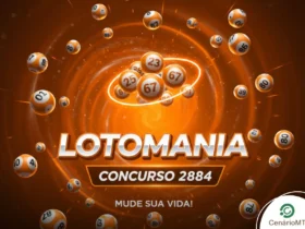 Arte da Lotomania com fundo laranja vibrante, bolas de sorteio numeradas e destaque para o concurso 2884.