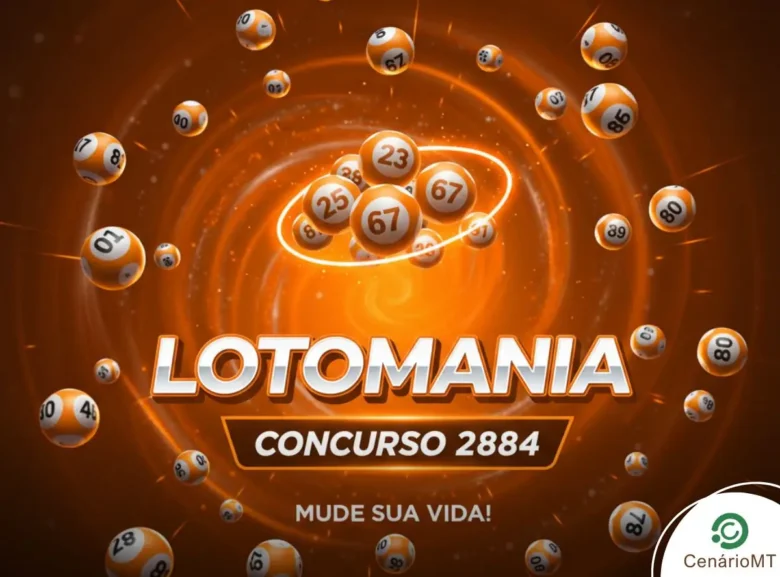 Arte da Lotomania com fundo laranja vibrante, bolas de sorteio numeradas e destaque para o concurso 2884.