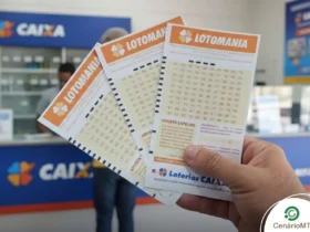 Homem segurando volante da Lotomania em lotérica da Caixa
