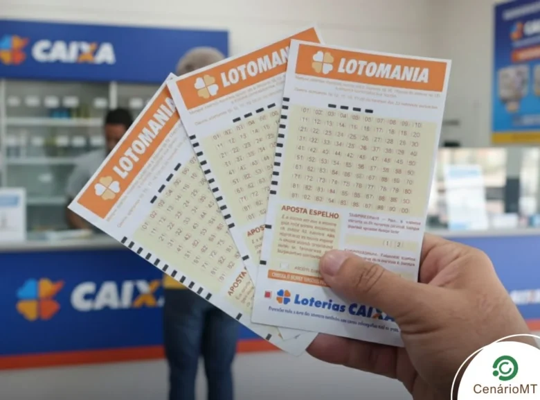 Homem segurando volante da Lotomania em lotérica da Caixa