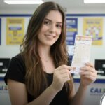 Mulher jovem de cabelos longos e castanhos sorrindo enquanto segura um bilhete da Lotomania dentro de uma agência das Loterias Caixa.