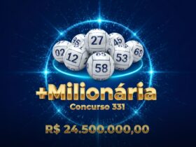 Banner da loteria +Milionária concurso 331 com bolas numeradas em um círculo azul brilhante e prêmio de 24,5 milhões de reais.