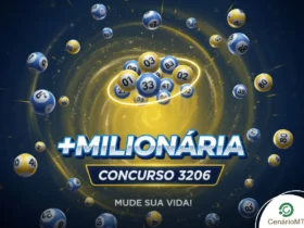 Arte da loteria +Milionária com fundo azul escuro e dourado, bolas numeradas e indicação do concurso 3206.