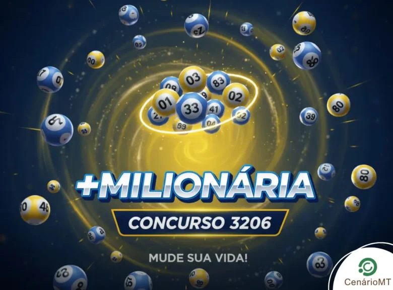 Arte da loteria +Milionária com fundo azul escuro e dourado, bolas numeradas e indicação do concurso 3206.