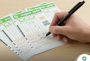 Resultado da Super Sete 822: Prêmio acumula e vai a R$ 3,7 milhões; veja as colunas 21 Mão direita segurando uma caneta preta e circulando números em um volante de loteria sobre uma mesa de madeira clara. A iluminação é brilhante e o ambiente está limpo.