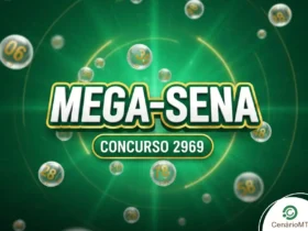 Arte da Mega-Sena com tons verdes e esferas transparentes, destacando o concurso 2969.