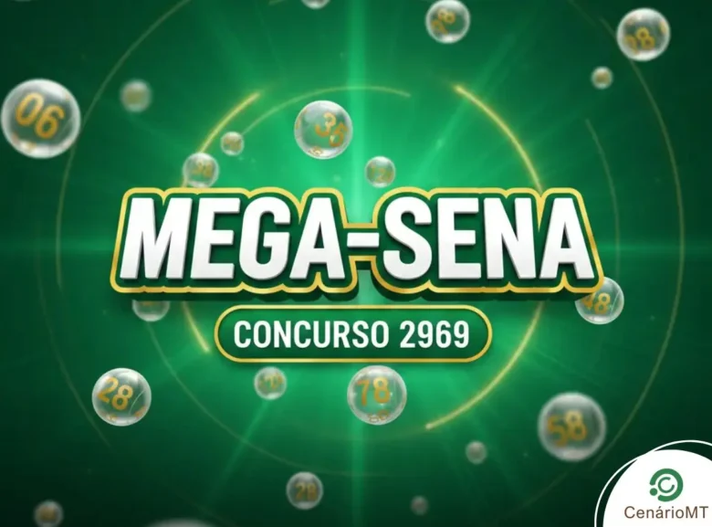Arte da Mega-Sena com tons verdes e esferas transparentes, destacando o concurso 2969.