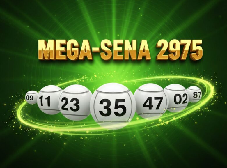 Bolas brancas com números grandes em destaque dentro de um anel de luz verde brilhante para a Mega-Sena 2975.