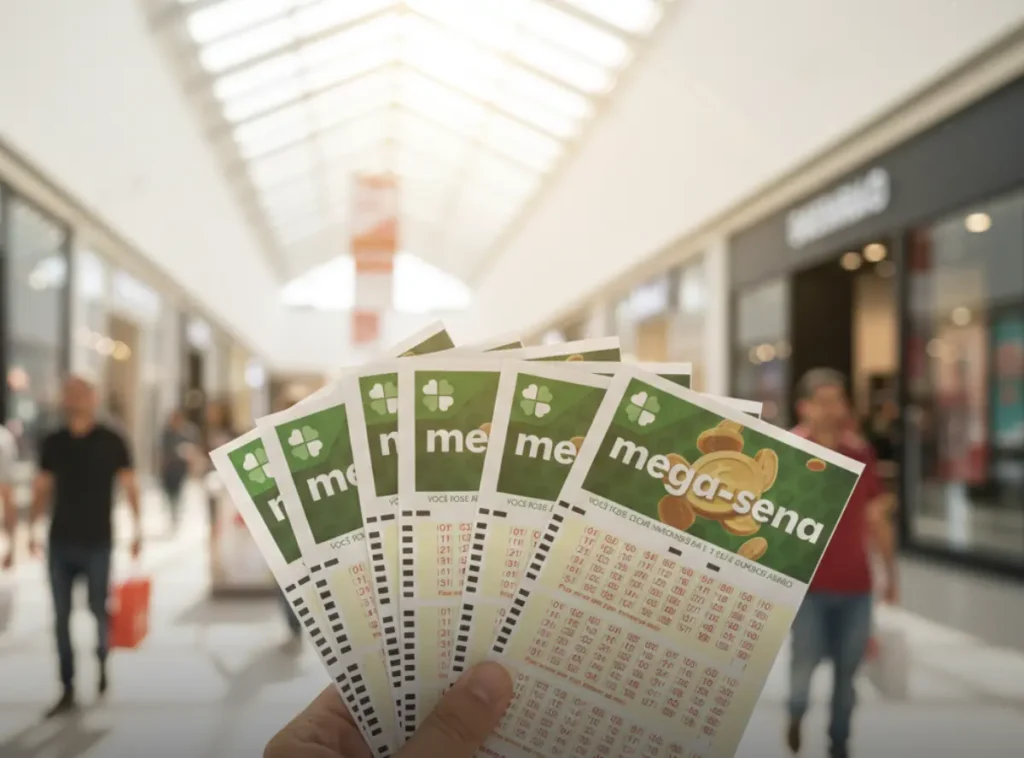 Mega-Sena 3046 acumula e prêmio dispara para R$ 50 milhões; veja as dezenas 12 Bilhetes da Mega-Sena sendo segurados em shopping center