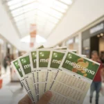 Bilhetes da Mega-Sena sendo segurados em shopping center