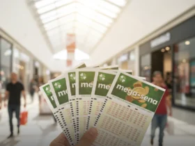 Bilhetes da Mega-Sena sendo segurados em shopping center