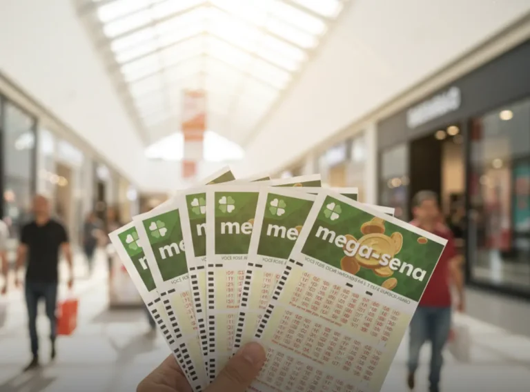 Bilhetes da Mega-Sena sendo segurados em shopping center