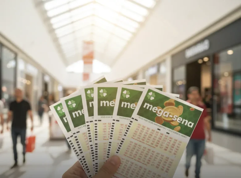 Bilhetes da Mega-Sena sendo segurados em shopping center