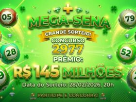 Cartaz da Mega-Sena, concurso 2977, destacando prêmio de 145 milhões de reais. Fundo verde com trevos de quatro folhas.
