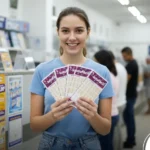 Mulher jovem sorrindo em uma casa lotérica segurando bilhetes da Lotofácil para o sorteio de hoje.