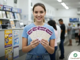 Mulher jovem sorrindo em uma casa lotérica segurando bilhetes da Lotofácil para o sorteio de hoje.